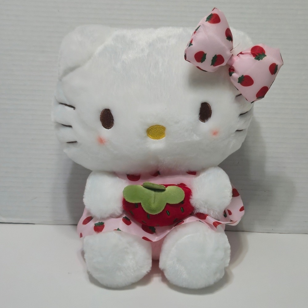 Sanrio Hello Kitty Strawberry Plush Doll Pink Dress Bow Stuffed Animal Kawaii
